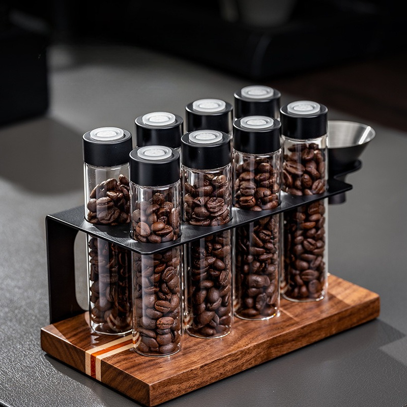 Kitchen Zo - ขวดแก้วเก็บเมล็ดกาแฟ JUSTINLAU พร้อมวาล์วปิดผนึก 1 ทาง ชั้นวางไม้พร้อมกรวย