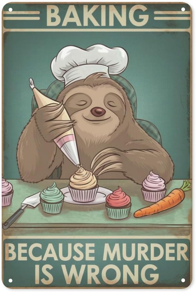 Kitchen Baking Wall Art - ป้ายโลหะลายตลกเกี่ยวกับการอบขนมรูปสลอธ ขนาด 8x12 นิ้ว 