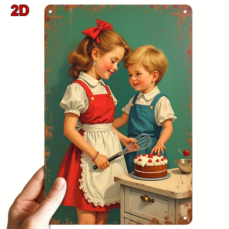 Kitchen Baking Wall Art - ป้ายโลหะขนาด 8x12 นิ้ว ลายพี่น้องทำขนมเค้กสตรอว์เบอร์รี ตกแต่งผนังสไตล์ฟาร์มเฮาส์ สำหรับห้องครัว