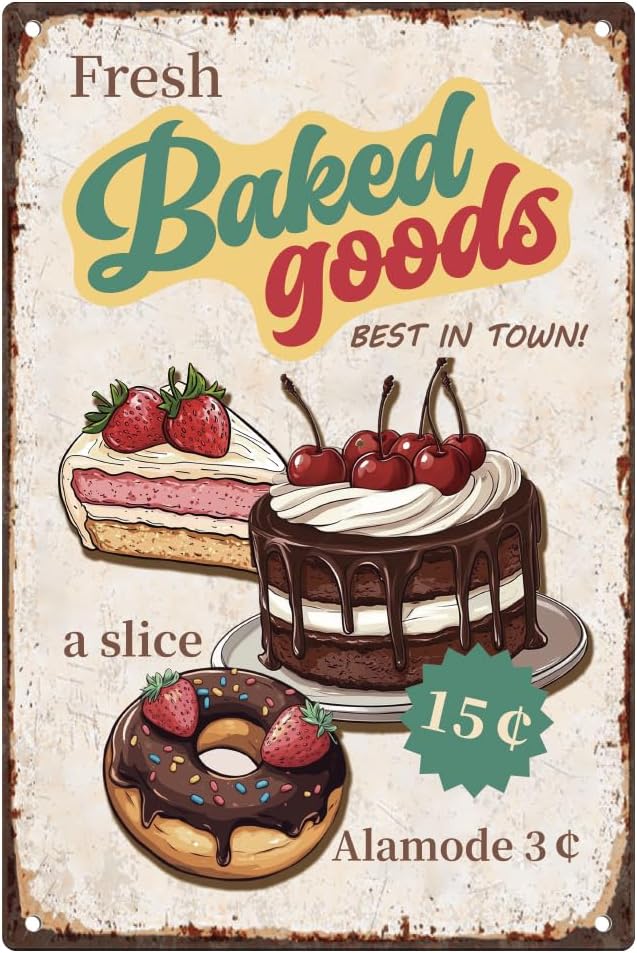 Kitchen Baking Wall Art - ป้ายโลหะวินเทจลายขนมปังอบสด โปสเตอร์ติดผนังสไตล์เรโทร สำหรับตกแต่งบ้าน ห้องครัว ร้านอาหาร ร้านเบเกอรี่