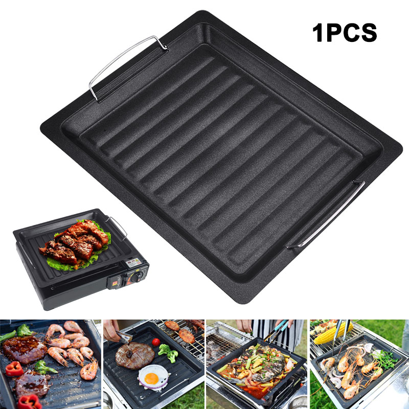 Kitchen Baking Containers - กระทะย่างทรงสี่เหลี่ยมหนาสำหรับใช้งานกลางแจ้ง พร้อมหูจับสองข้าง กระทะย่างเคลือบกันติดแบบพกพา ถาดอบสำหรับทำบาร์บีคิว แคมป์ปิ้ง และทำอาหาร