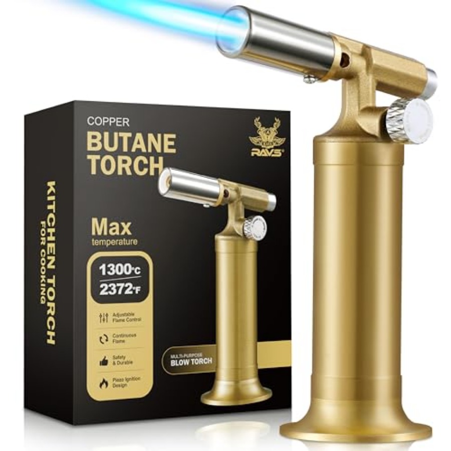 Kitchen Baking Torch - ไฟแช็กทองแดงแบบใช้แก๊สบิวเทน, ไฟแช็กครัวแบบเติมแก๊สได้พร้อมเปลวไฟปรับได้, ไฟแช็กสำหรับทำเครมบรูเล่, ใช้สำหรับทำอาหาร, อบขนม, เชื่อมโลหะ,