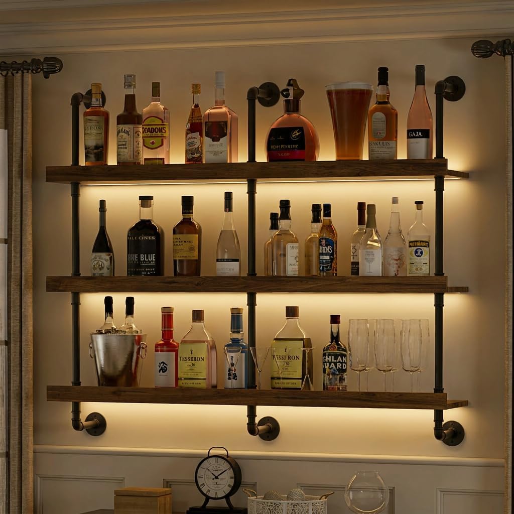 Kitchen Zo - ชั้นวางไวน์ติดผนังพร้อมไฟ LED แบบสามชั้น ชั้นวางลอยสำหรับจัดแสดงและเก็บขวดเหล้า ที่วางไวน์สไตล์โมเดิร์นสำหรับห้องครัว บาร์ในบ้าน