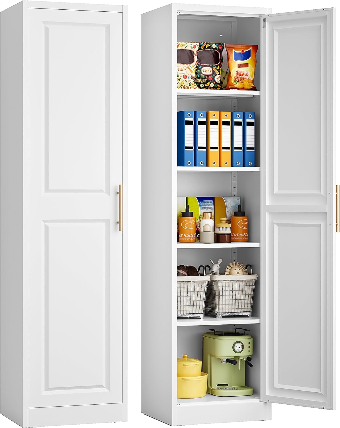 Kitchen Zo - ตู้เก็บของทรงสูงแคบ ประตูเดียว 5 ชั้นวาง ตู้ครัวทรงเพรียวบาง ตู้เก็บของในห้องน้ำ