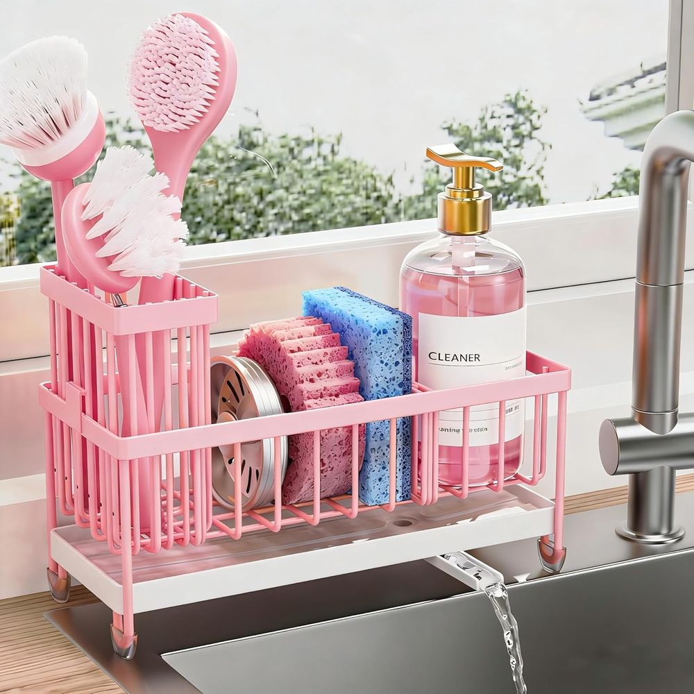 Kitchen Zo - ที่วางฟองน้ำหรืออุปกรณ์จัดระเบียบอ่างล้างจานพร้อมที่วางแปรงขัดแบบสูง, อุปกรณ์จัดระเบียบและเก็บของบนเคาน์เตอร์ครัว